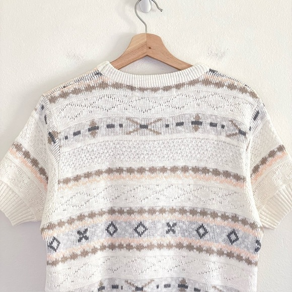 Vintage Tidewater Short Sleeve Fair Isle Cotton Knit Sweater Top Ivory Medium - Picture 5 of 12